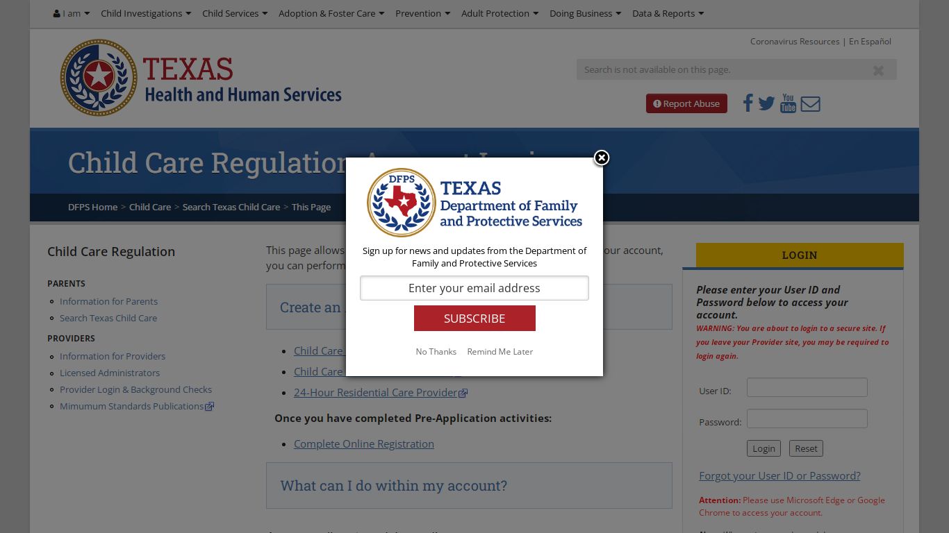 Texas Child-Care Regulatin Account Login - Texas Department of Family ...